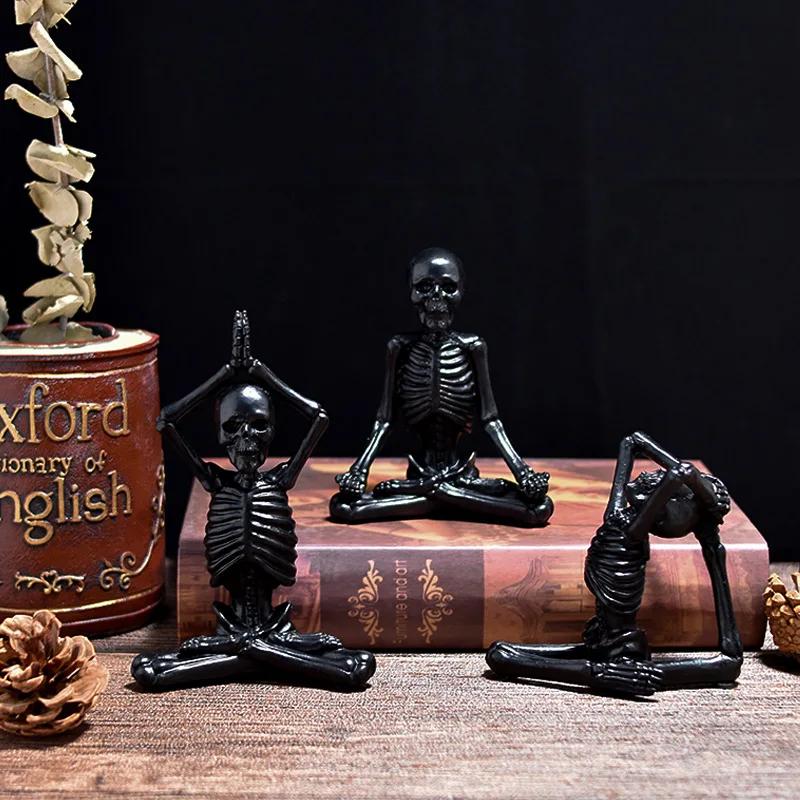 Vintage Skull Figurine Resin Haunted House Props Halloween Holiday Atmosphere Ornament Yoga Human Skeleton Statue for Home Decor