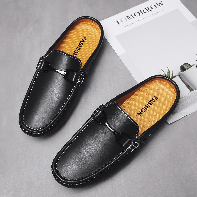 Fashion Breathable Mens Half Slippers Genuine Leathe Muller Shoes Loafers Handmade Male Comfy Flats Lazy Shoes Outdoor Soft Casual Shoes