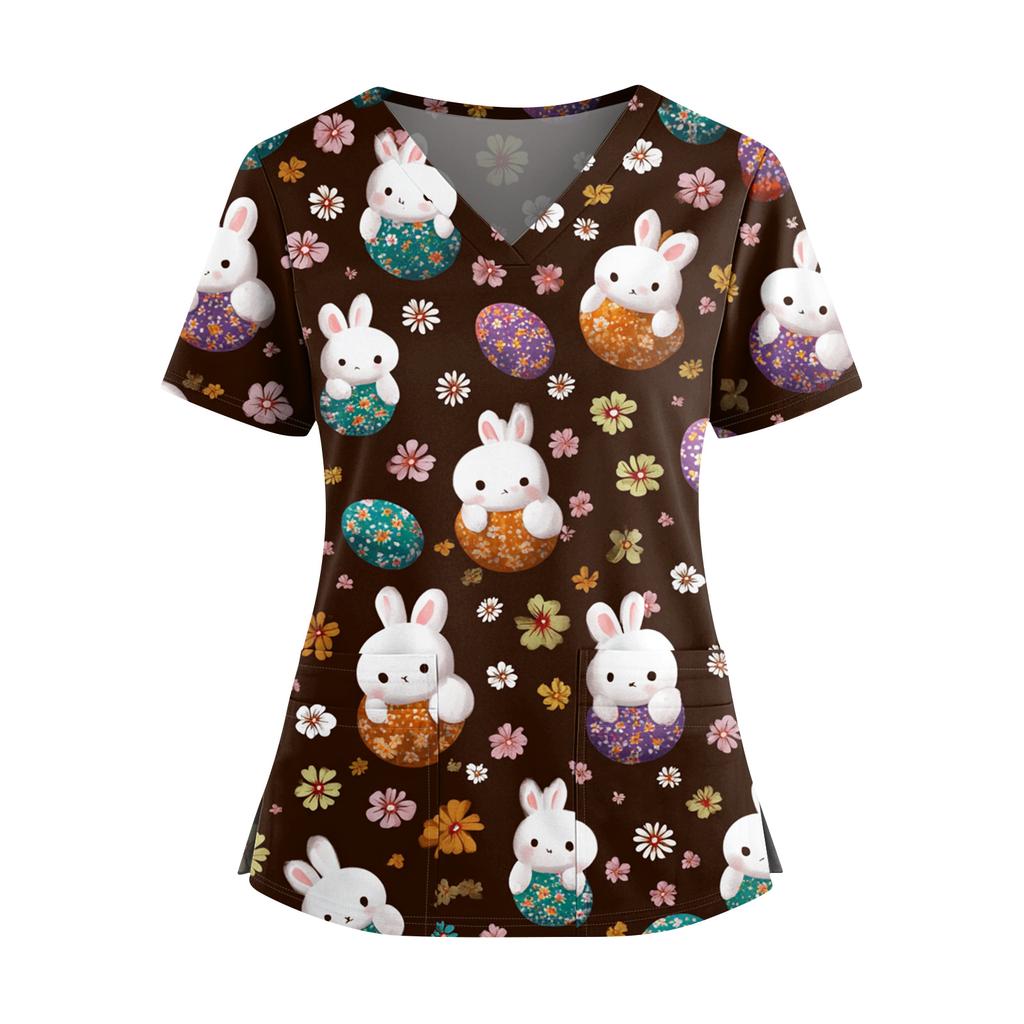 Damen Osterdruck V-Ausschnitt Doppeltasche Kurzarm Uniform Top mit geschlitztem Saum