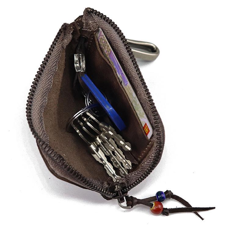 Oberste Schicht pflanzlich gegerbtes Leder Schlüsseltasche für Damen, Handgefertigtes alt gewaschenes Rindsleder, Reißverschluss im Retro-Stil, Autoschlüssel-Tasche für Herren