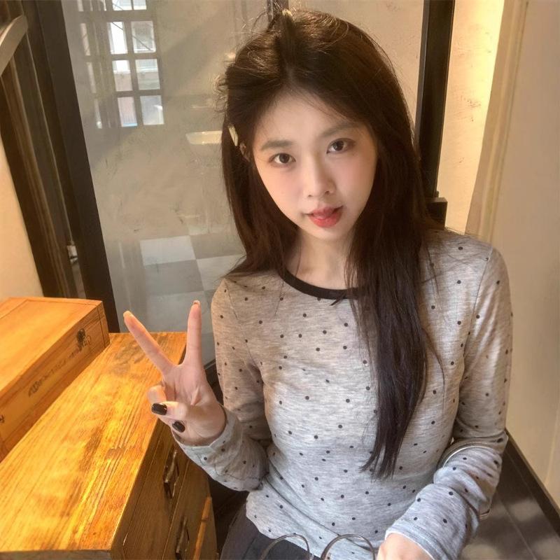 Design Contrasting Color Long-sleeved T-shirt for Women In Autumn New Slim Fit Versatile Student Base Round Neck Top