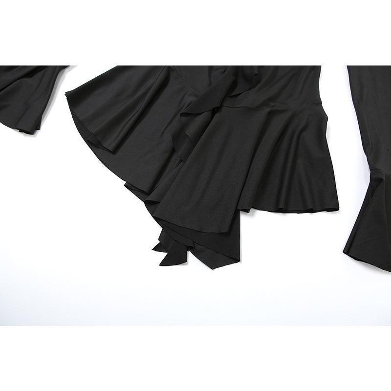 Podzimní a zimní dámské sexy šaty s hlubokým výstřihem do V na zavazování, úzká sukně, jednobarevné, s dřevěným okrajem, s dlouhým rukávem