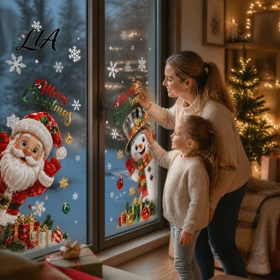 Easy Apply Holiday Window Film Christmas Static Clings, Santa Snowman PVC Stickers, Waterproof Snowflake Clings Glass Decals for Home Shop