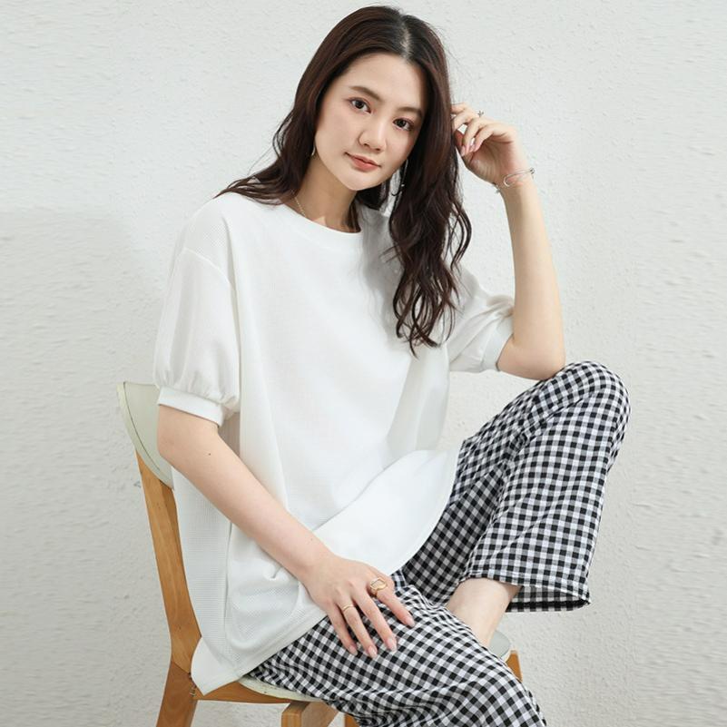 

Summer Lantern Short-sleeved Waffle Loose Top Solid Color Arc Bottom Casual Round Neck T-shirt onesize белый