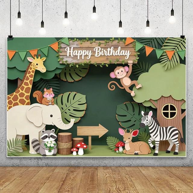 Cartoon Jungle Zoo Children's Birthday Party Decoration Photography Background Cloth Banner