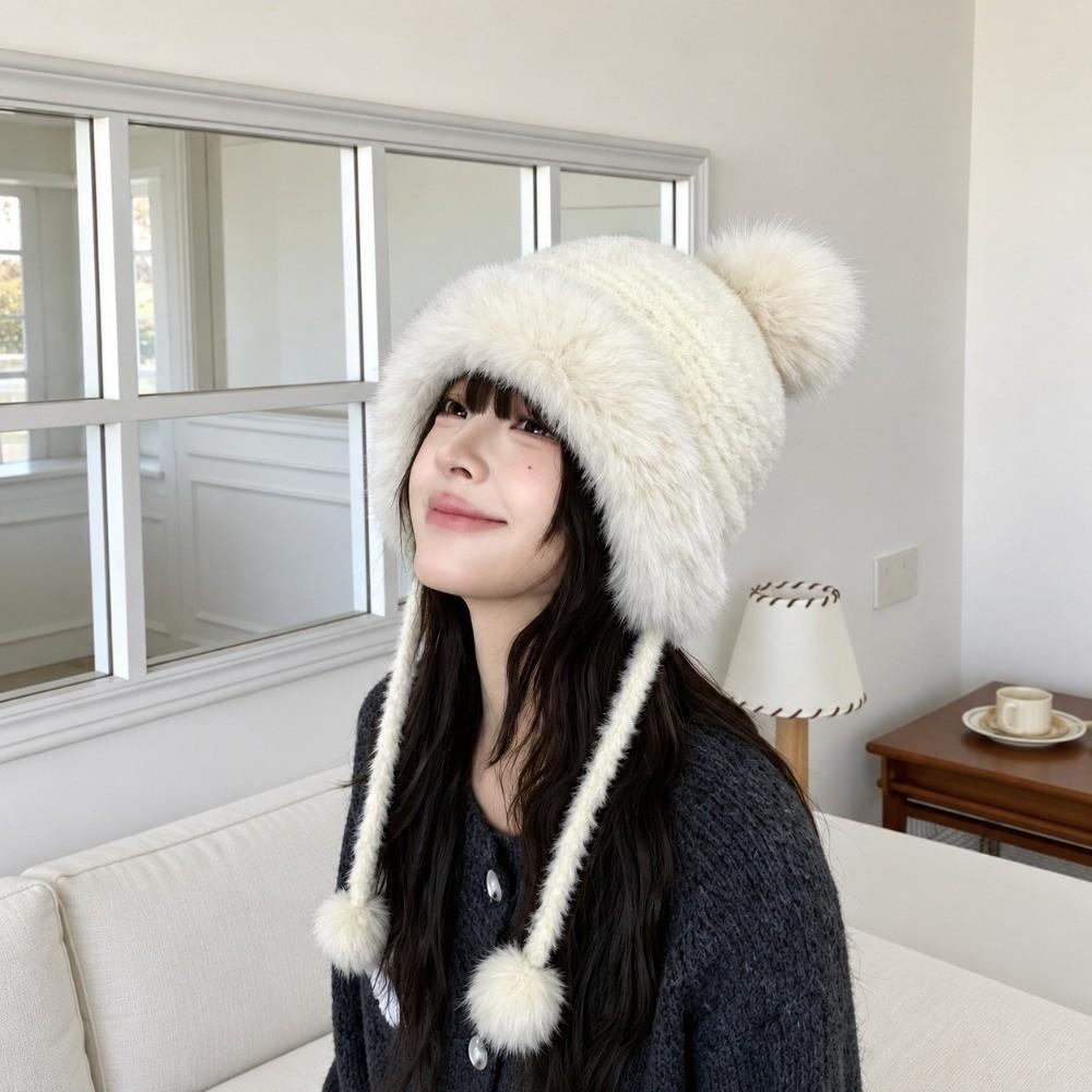Polyester Faux Fur Hat Thick Warm Winter Knitted Hat Cozy Fair Isle Trapper Hat For Women