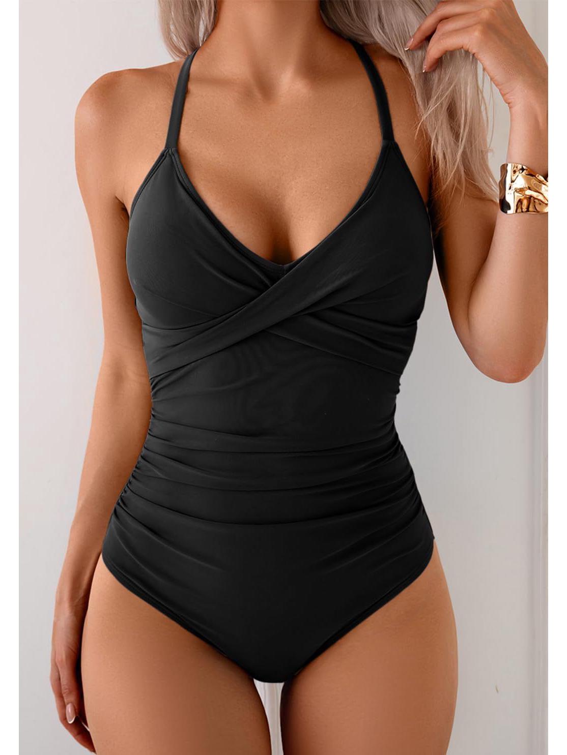 

2025 Европейский и американский однотонный купальник-монокини с перекрещенными бретелями и эффектом пуш-ап для женщин M