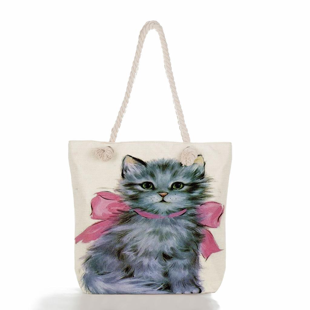 Cute Cats and Dogs Print Thick Rope Single-shoulder Beach Bag 7225