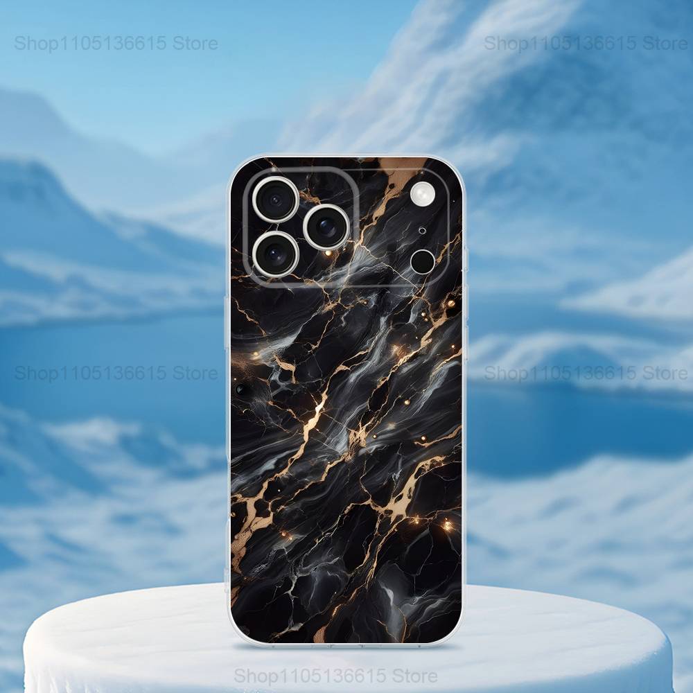 Marble Art Black Gold Phone Case For iPhone 16,15,14,13,12,11,17 Pro,Max,Plus,X,XS,XR,SE,Mini Transparent Soft Cover