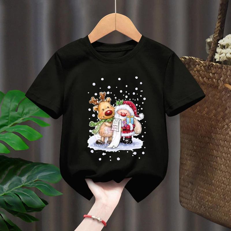 Neformální kreslené chlapecké a dívčí tričko top, vánoční Santa Claus sob s krátkým rukávem dětské oblečení, kulatý výstřih