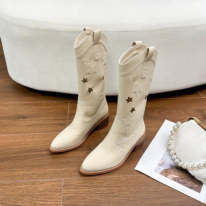 Western Cowboy Boots Women's Autumn New Hollow Thick Heel Retro Wind Matte Embroidered Medium Tube Breathable Boots