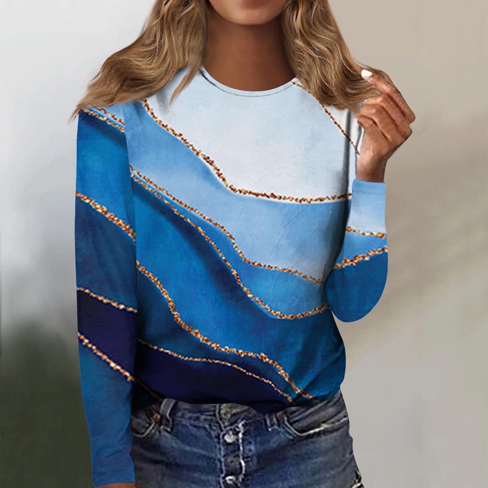 

Модные женские футболки с круглым вырезом и длинным рукавом с принтом L синий