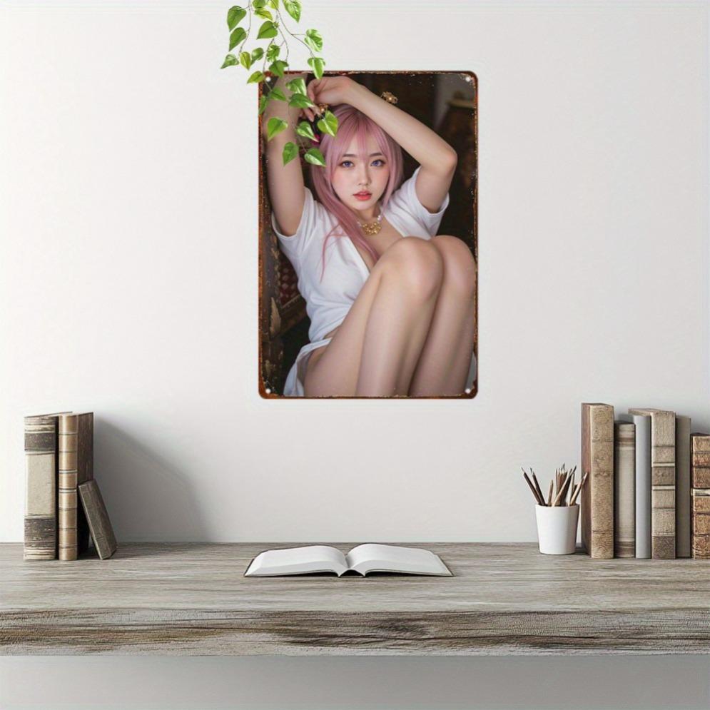 Vintage Anime Girl Metal Sign, Pink Hair Manga Art Wall Decor for Home Garage Man Cave