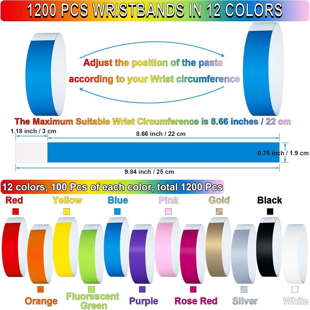 1200 Pcs Plastic Paper Wristbands for Events Neon Color Wrist Bands Concert Identification Wristbands Paper Bracelets Wristbands Party Hand Bands