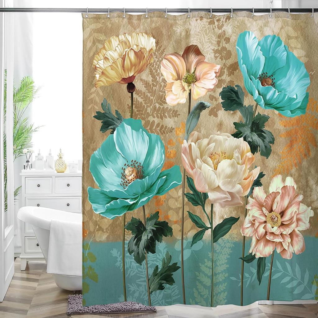 Cottage Floral Shower Curtain - Pink/Lavender Butterfly Design, Waterproof Washable Fabric, with Hooks, Modern Farmhouse Decor