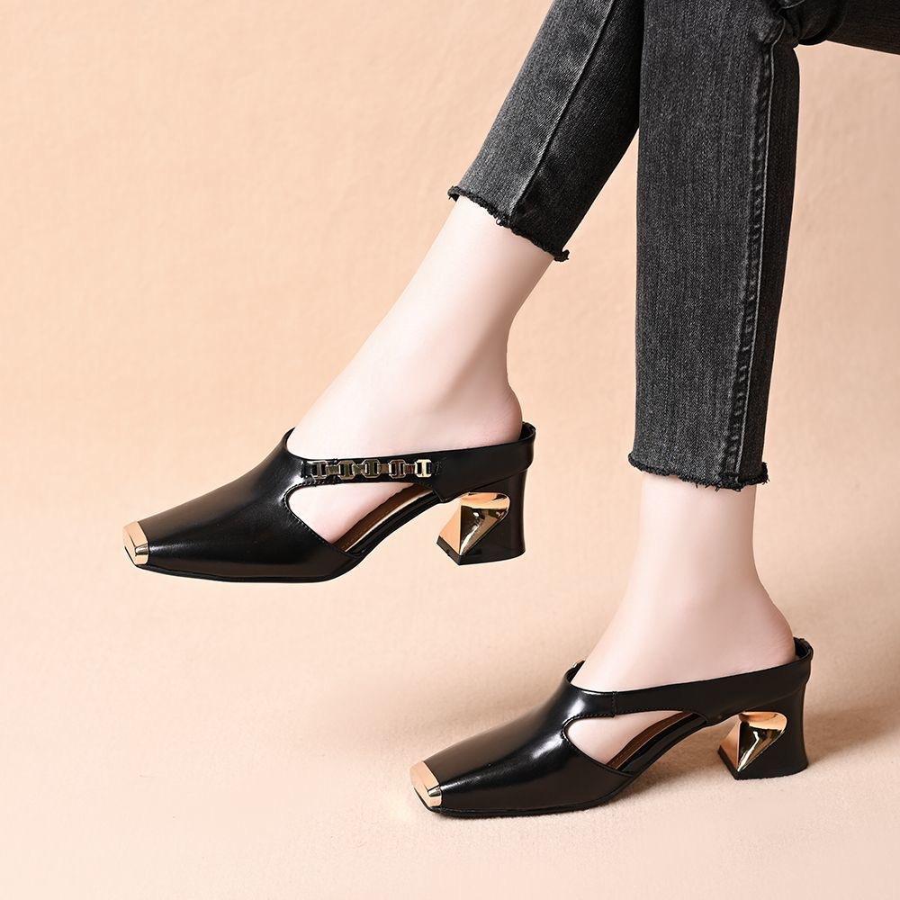 Metal Head Anti-kick Outer Wear Slippers Women's Fashion Versatile Chain Square Head One Pedal Lazy Women's Sandals