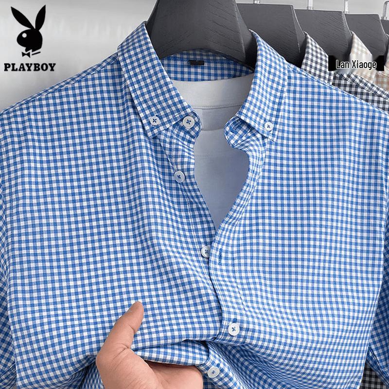 Playboy Men s Casual Plaid Long Sleeve Button-Up Shirt 4XL