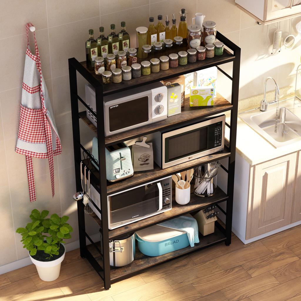 NAIYUFA Bakers Rack,Microwave Oven Stand 5 Tier Utility Storage Shelf with Hooks,Multifunctional Wood Shelf for Kitchen,Bathroom,Livingroom,Storehouse