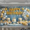 2D Flat Banner Birthday Party Background Cloth Light Blue Curtain Cake Teddy Bear Theme with Golden HAPPY BIRTHDAY