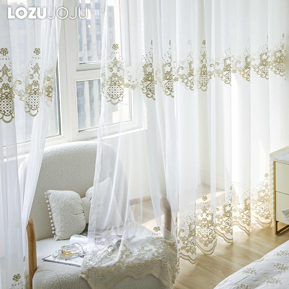 1PC LOZUJOJU French Style Gold Thread Embroidered Sheer Curtain Romantic Style Luxury Tulle for Living Room Bedroom Balcony Window Home Decor