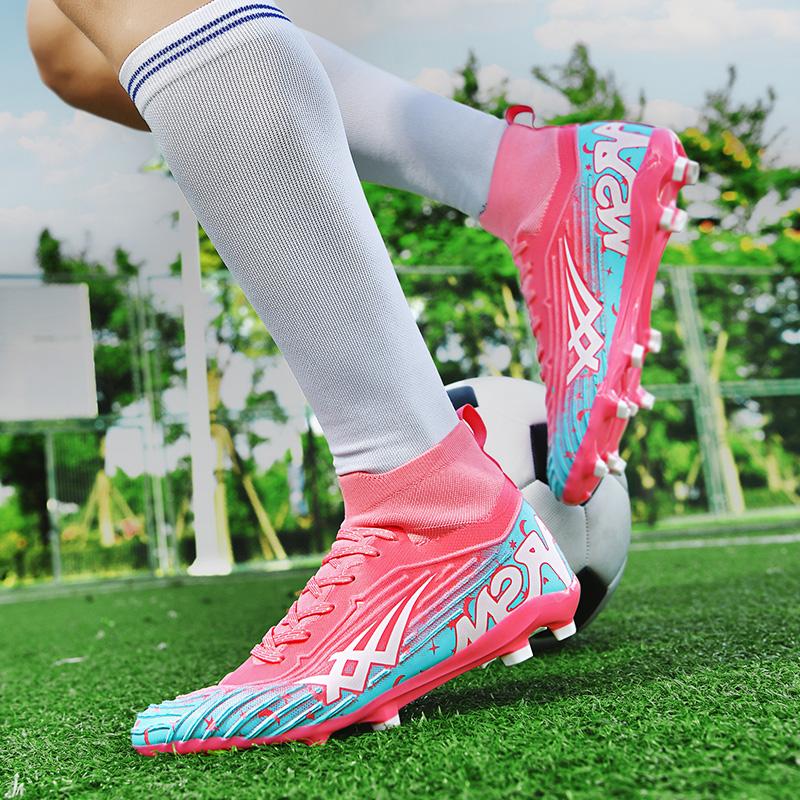 Pink Football Field Boots Men High Top FG Soccer Shoes Man Outdoor Profession Lightweight Men's Artificial Grass Soccer Cleats