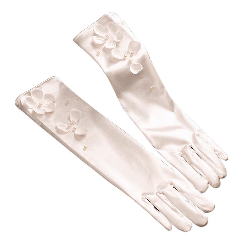 2024 Bridal Long White Satin Gloves with Pearls & Floral Design