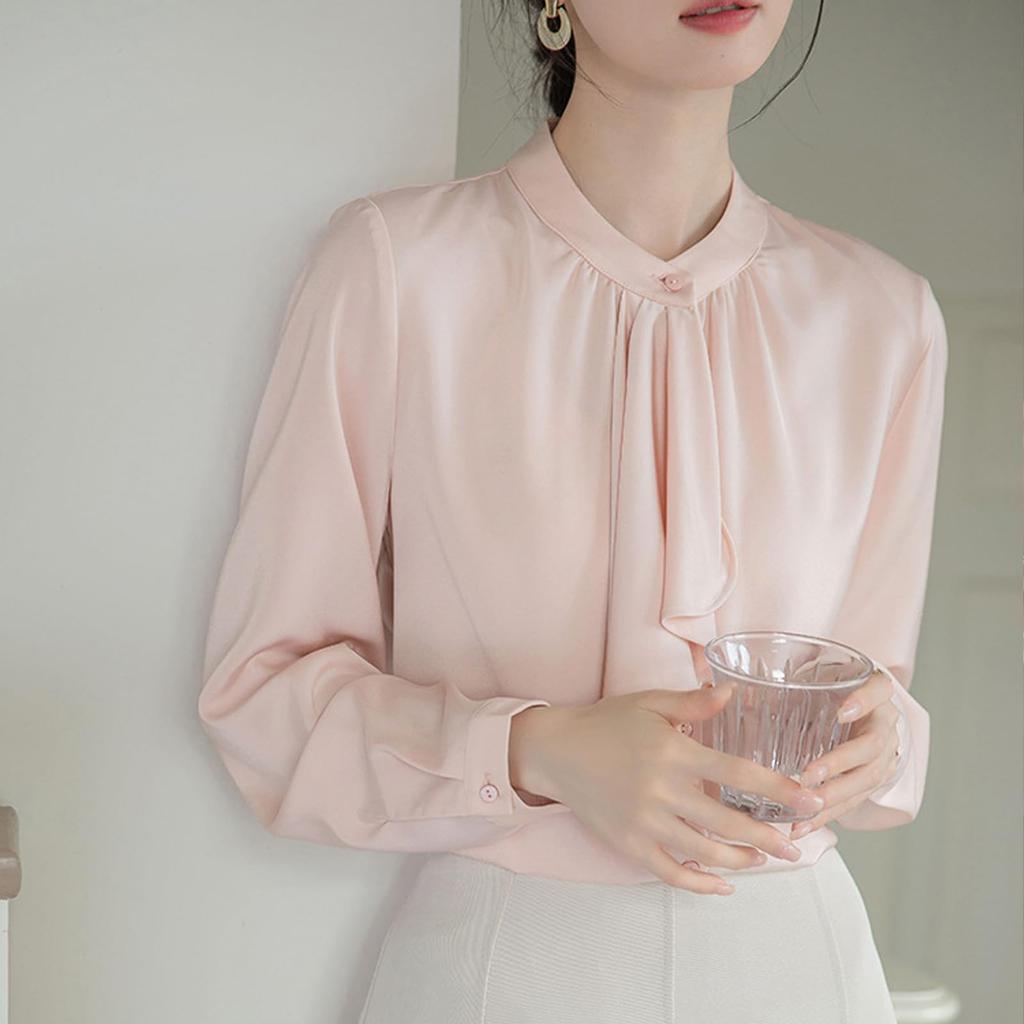 [SYitong] Women's Long-Sleeved Plain Blouse, Stylish, Washable, Collarless, White/Pink, Lined, Business/Office Wear, Cute, Popular, Perfect for Dates,