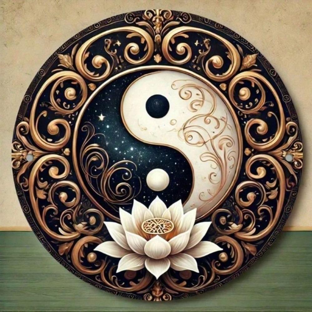 Metal Yin Yang Lotus Poster, High Definition Vintage Round Sign, Waterproof Easy Hang for Home Garden Bar Cafe