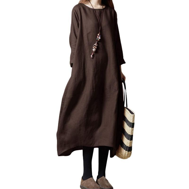 Spring Autumn Literary Vintage Solid Loose Casual Robe Women Long Sleeve Round Neck Cotton Dreess Vestidos