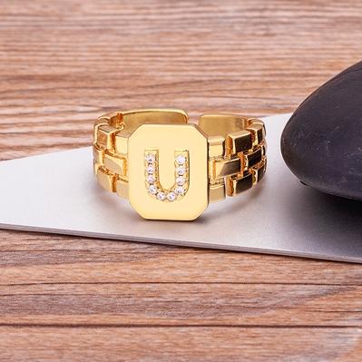 New Arrival Fashion Gold Color Initial Ring Open Design Adjustable Hot Sale Watchband Chain A-Z Letters Zircon Rings For Women