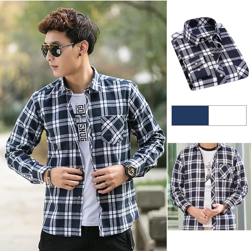 [PAFHL] shirt men's check tops casual long sleeve spring autumn Thin short big size Fashionable adult simple Going out trip M-3XL (Navy, 2XL)