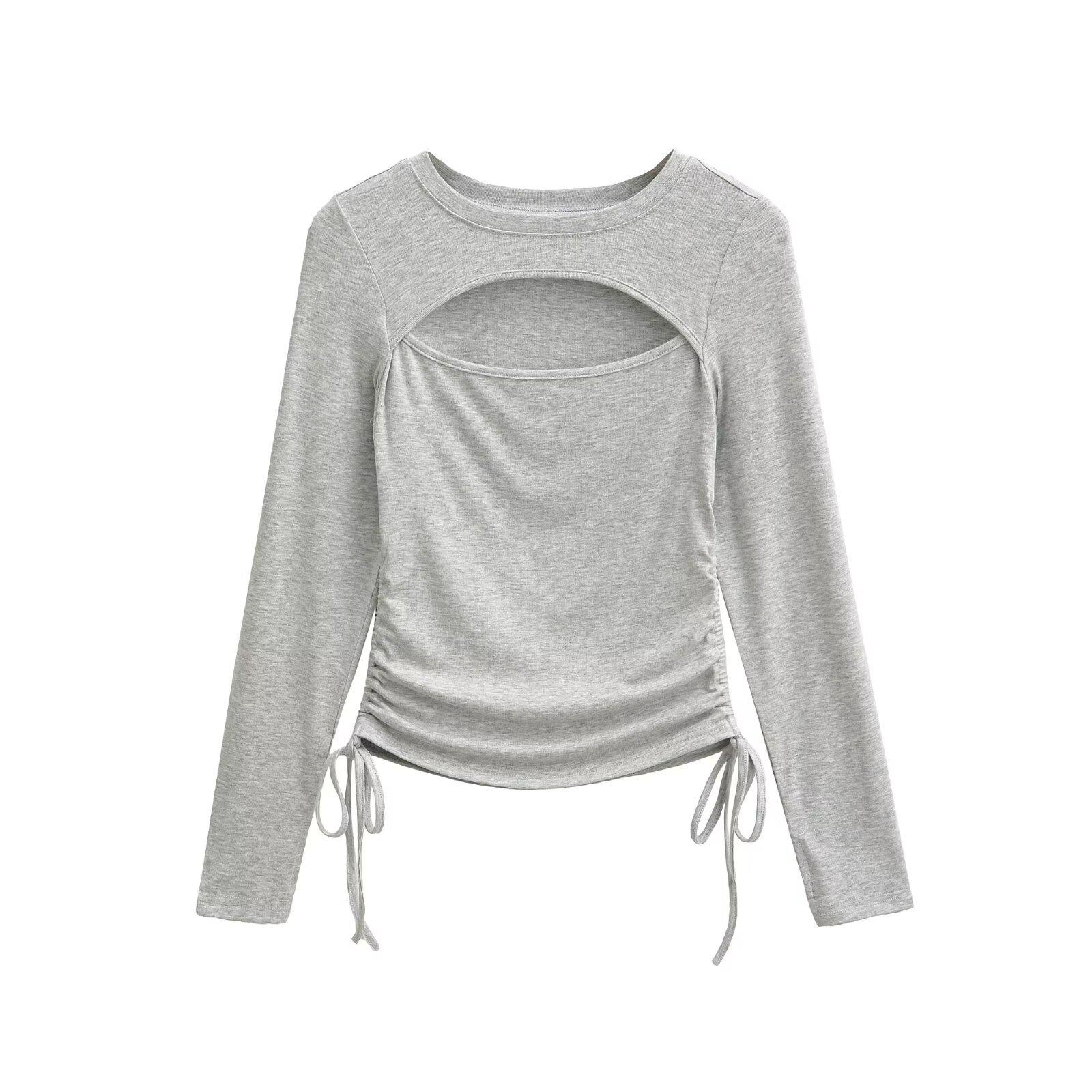 

Elegant Round Neck Hollow-Out Slimming Long Sleeve T-shirt with Drawstring Waist for Women Medium