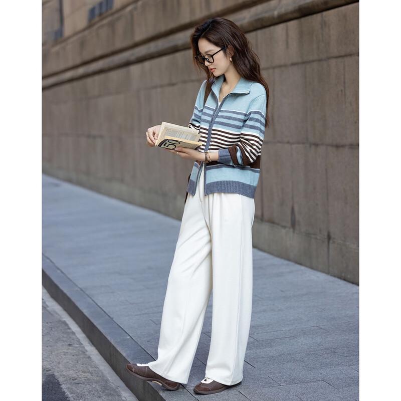 Demana Women's Relaxed Retro Striped Ribbed Knit Cardigan
