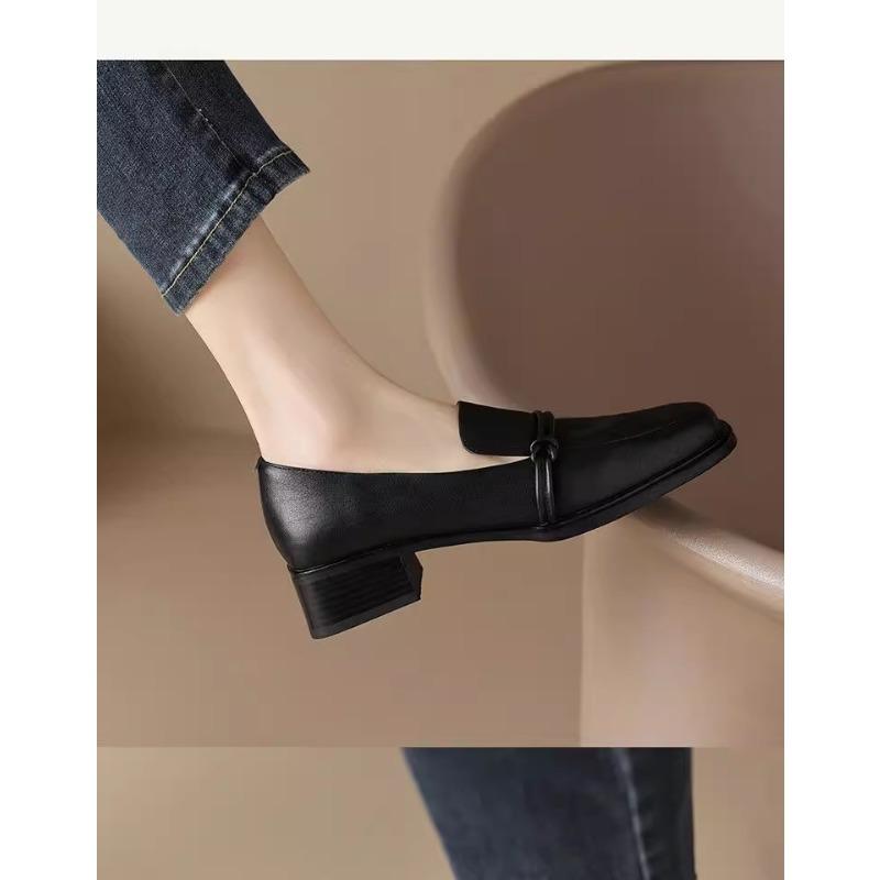 Classic Loafers Women Genuine Cow pu Square Toe Pumps Slip-on Retro Lady Casual Cozy Shoes Handmade