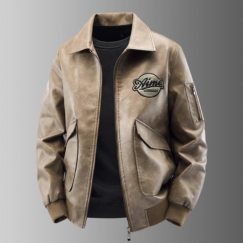 Spring and Autumn New Men's Leather Jacket Lapel Three-dimensional Pocket Fashion Trendy Men's Clothing Casual Versatile Trendy Brand Leather Jacket