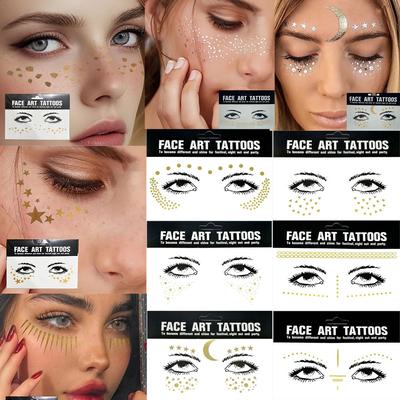 Gold Glitter Tattoo Stickers for Face Makeup Metallic Moon Stars Waterproof Temporary Freckle Tattoos for Women Eyebrow Party