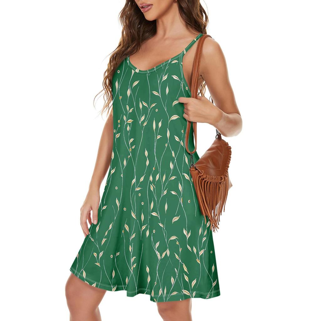 Sukienka damska o dopasowanym kroju, z modnym nadrukiem, okrągłym dekoltem i kieszeniami, z paskiem na ramię