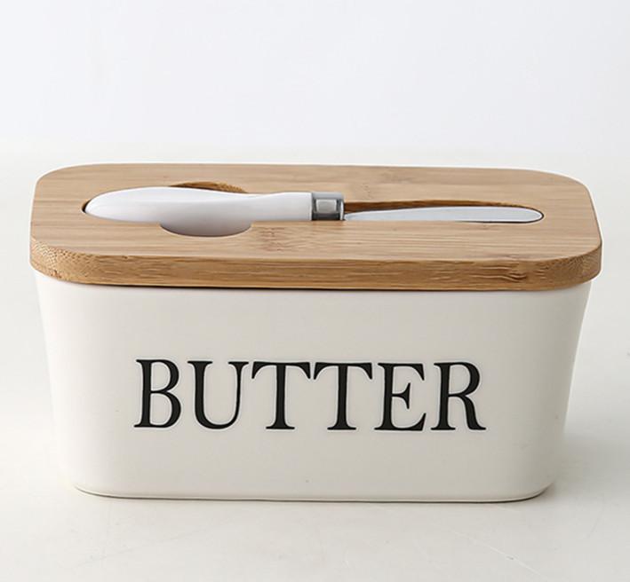 Wooden Cover Ceramic Butter Box with Spatula Knife Sealed Fresh Butter Box Multicolor Rectangular Sealed Kitchen Storage Box