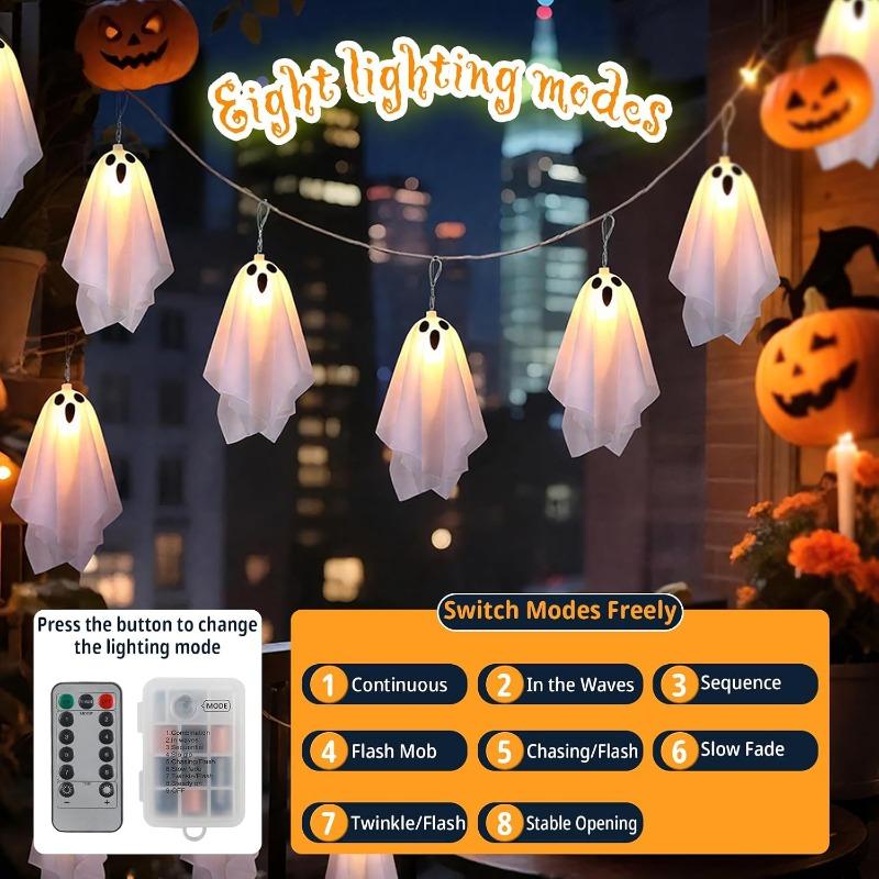 10LED Halloween Ghost Decorations with Remote Control String Lights Spooky Holiday Ornaments for Indoor Outdoor Porches Yards Gardens Lawn Party