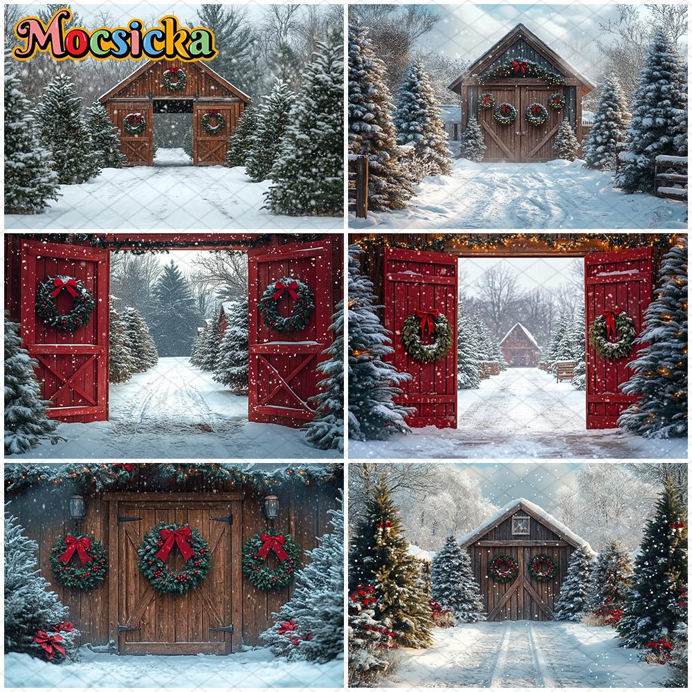 Mocsicka Christmas Photography Background Winter Snowflake Decoration Photo Backdrops Xmas Tree Red Door Pattern Shooting Banner