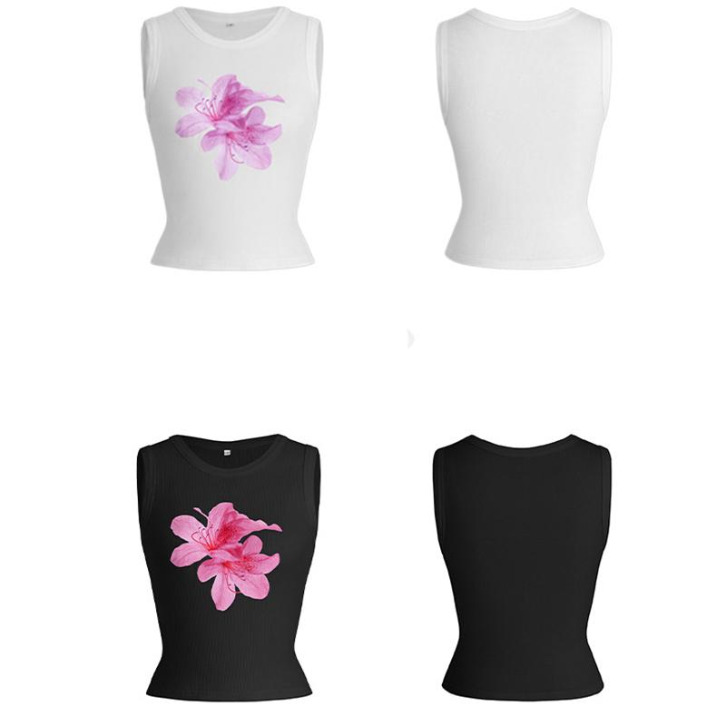 Y2K Women Summer O Neck Sleeveless Flower Print Causal Slim Fit Vest Bare Midriff Tank Top