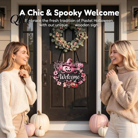 3D Floral Pumpkin Wall Art Halloween Ghost Wooden Welcome Door Hanger Sign, Cute Ornament with Bell Durable Sign for Porch Hanging Rope, Decor Indoor