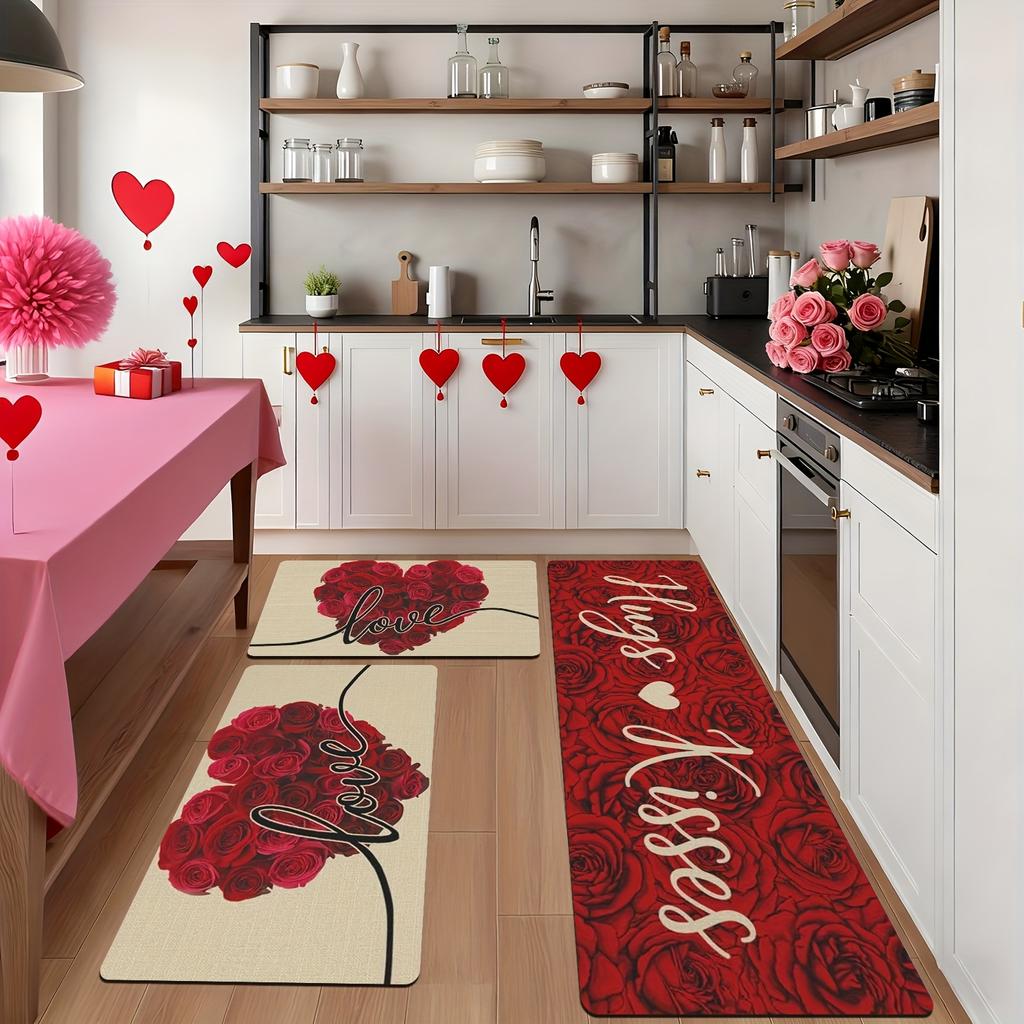 VIKAMA Valentine's Day Floral Heart Kitchen Rug Soft and Comfortable Bedroom and Hallway Rug Entrance Doormat Home Decor