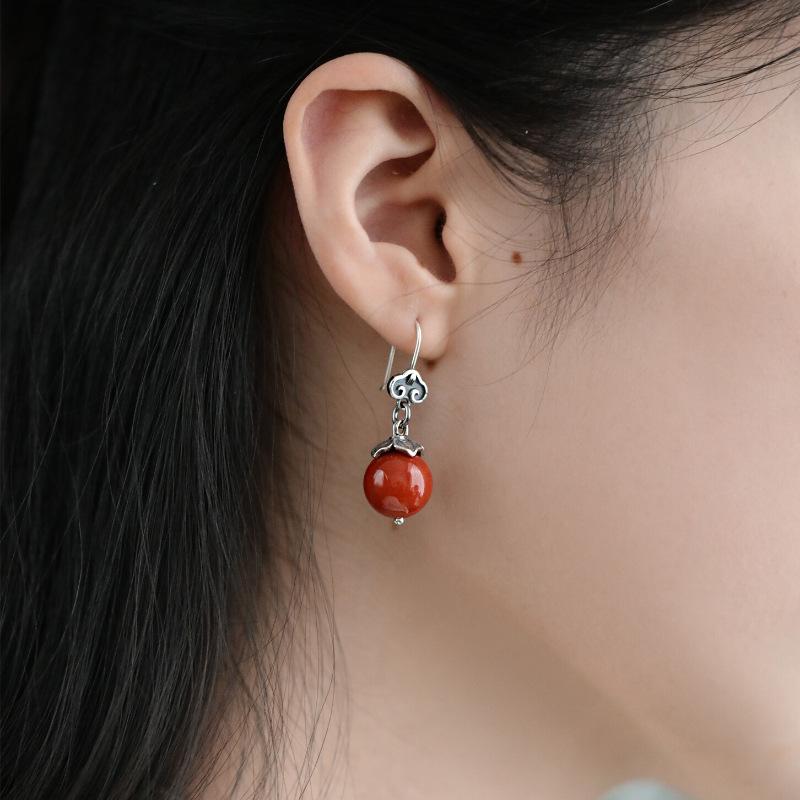 PANJBJ 925 Sterling Silver Red Agate Earrings For Women Circular Retro Ethnic Cloud Versatile Jewelry Birthday Gift Dropshipping