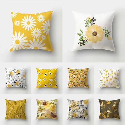 Yellow Floral Plant Print Pattern Cushion Cover Home Living Room Sofa Decoration Square Polyester Pillow Pillow Cover