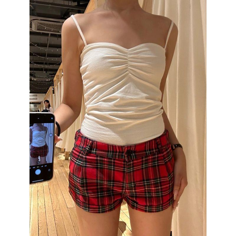 BM Sense American Vintage Red Plaid Low Waist Shorts Women Gyaru Contrast Color Summer Hot Pants All-Match Casual Pants