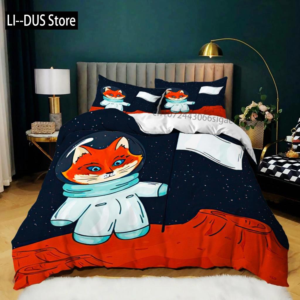 Cartoon Animal Duvet Cover Microfiber Pig Astronaut Red Balloon Pattern Bedding Set Space Universe Animal Theme King Quilt Cover