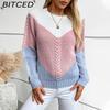 BITCED Colour-Blocked Cable-Knit Women's Sweater Autumn/Winter Vintage Oversized Pullover Knit Top