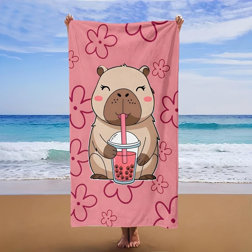 

Cartoon Capybara Bubble Tea Beach Towel, Perfect for Swimming Fitness Yoga Travel Camping Poolside W40*H60(CM)