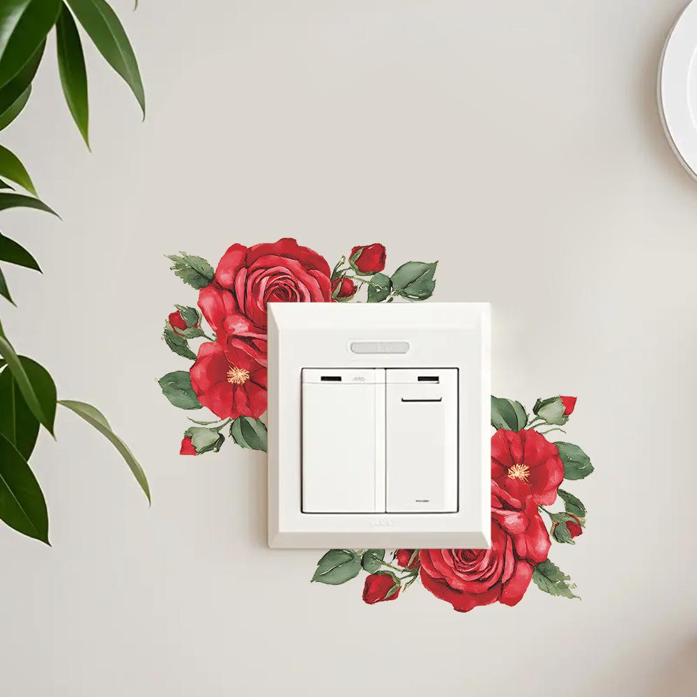 Decorative Stickers for The Wall Switch in The Background of The Living Room Entrance with Painted Romantic Roses